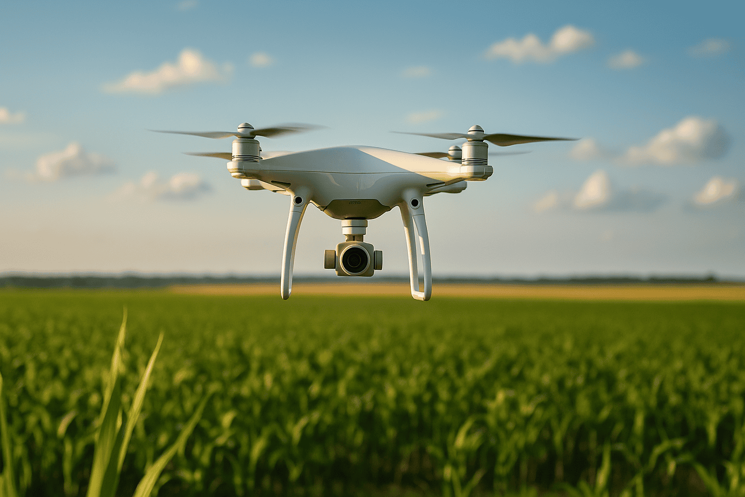 Civil drón repül egy zöld mező fölött napfényben – békés technológia a FieldFlyertől